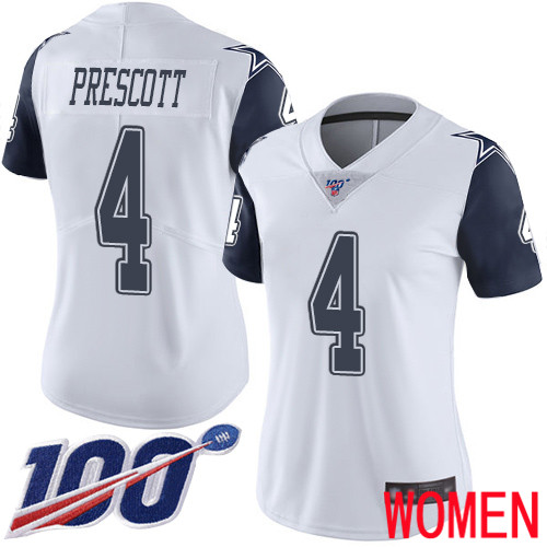 Women Dallas Cowboys Limited White Dak Prescott #4 100th Season Rush Vapor Untouchable NFL Jersey->women nfl jersey->Women Jersey